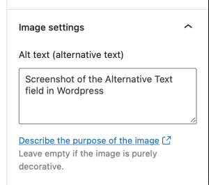 Screenshot of the Image Settings Alt Text field in WordPress